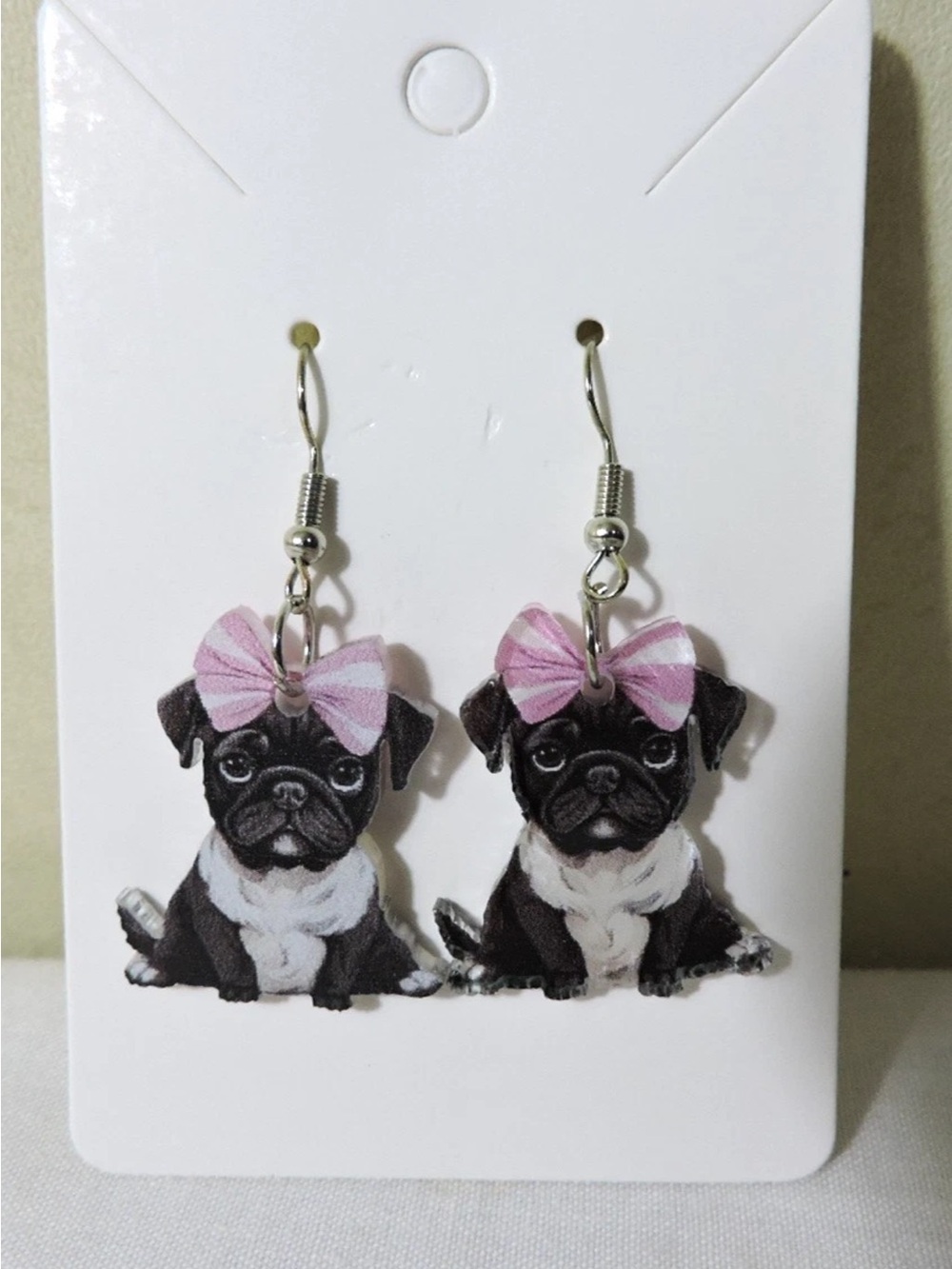 Black Pug Dog Dangle Earrings with Pink Bow Accent